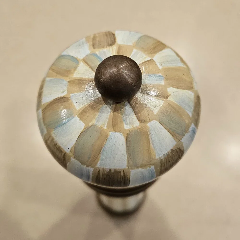 RARE RETIRED MACKENZIE CHILDS TALL PARCHMENT CHECK WOOD SALT PEPPER MILL GRINDER